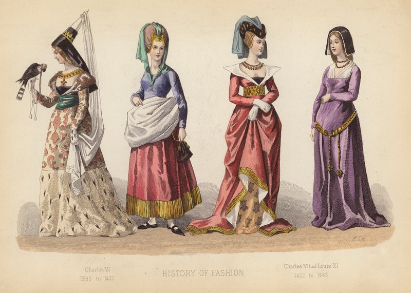 A moda em França: Carlos VI 1395 a 1422; Carlos VII e Luís XI 1422 a 1483 (gravura a cores) de (after) French School