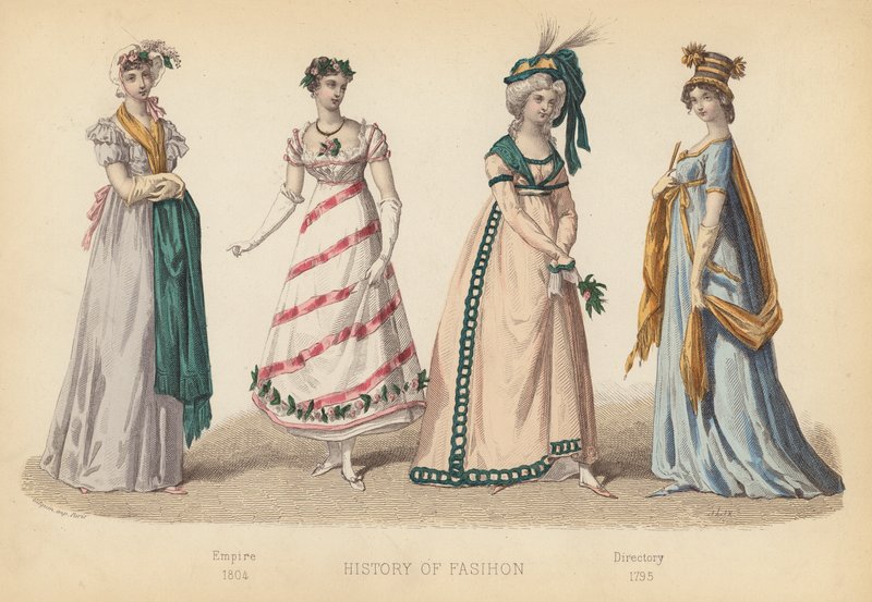 A moda em França: Império 1804; Diretório 1795 (gravura a cores) de (after) French School
