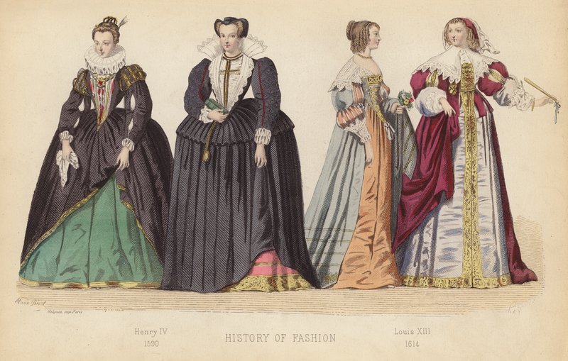 A moda em França: Henrique IV 1590; Luís XIII 1614 (gravura a cores) de (after) French School
