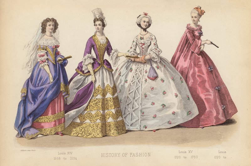 A moda em França: Luís XIV 1668 a 1694; Luís XV 1720 a 1760; Luís 1720 a (gravura colorida) de (after) French School