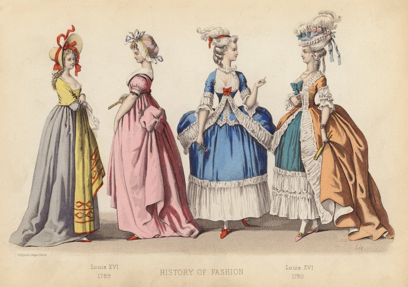 A moda em França: Luís XVI 1789; Luís XVI 1780 (gravura colorida) de (after) French School