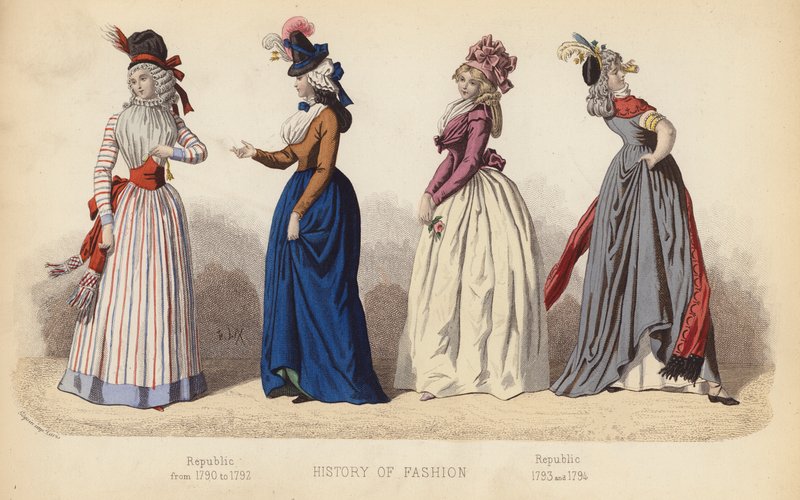 A moda em França: República de 1790 a 1792; República de 1793 e 1794 (gravura colorida) de (after) French School