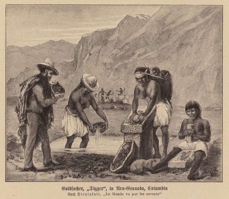 Garimpeiros de ouro, Nova Granada, Colômbia (litografia) de (after) French School