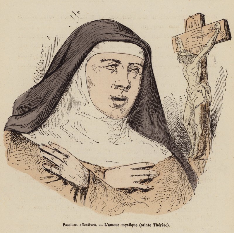 O amor de Santa Teresa por Deus (gravura a cores) de (after) French School