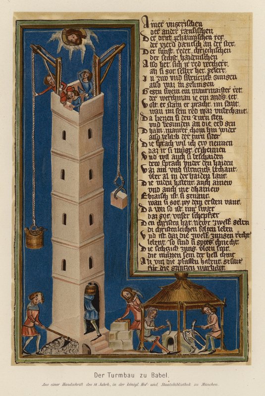 Construção da Torre de Babel (litografia a cores) de (after) German School