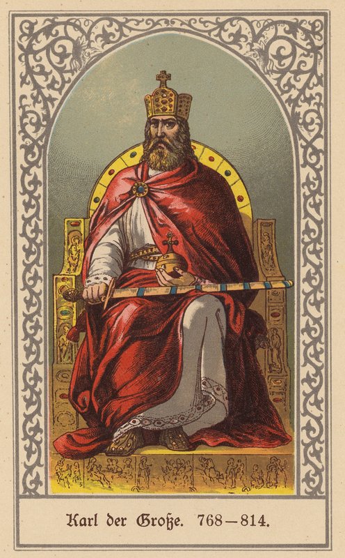 Carlos Magno, Rei dos Francos e Sacro Imperador Romano-Germânico (litografia a cores) de (after) German School