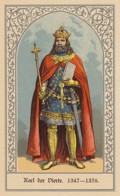 Carlos IV, Rei da Boémia e da Alemanha e Sacro Imperador Romano-Germânico (litografia a cores) de (after) German School
