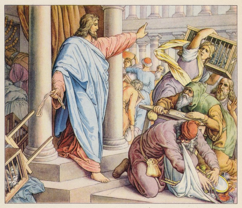 Jesus a limpar o Templo (litografia a cores) de (after) German School