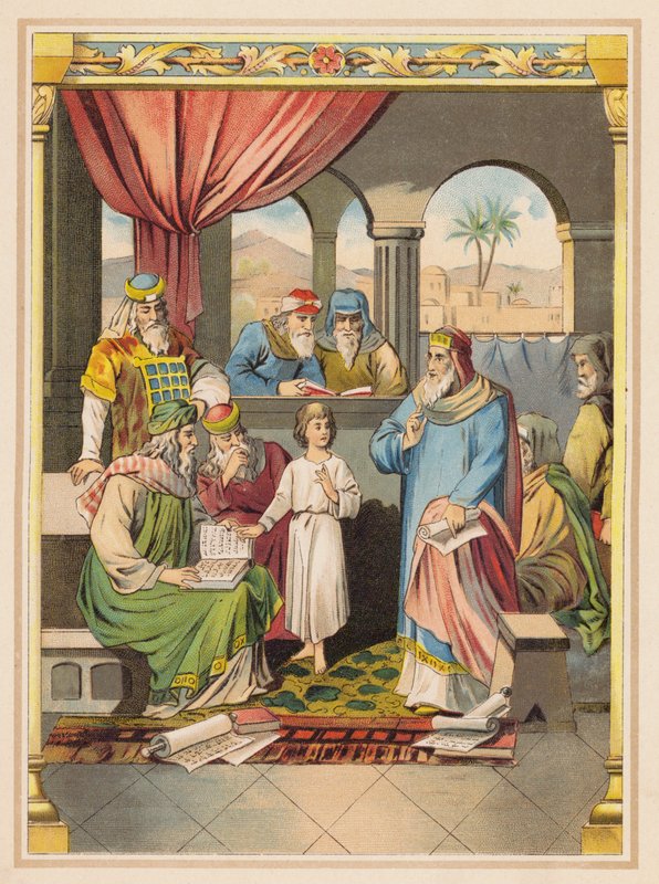 Jesus com os anciãos no Templo (litografia a cores) de (after) German School