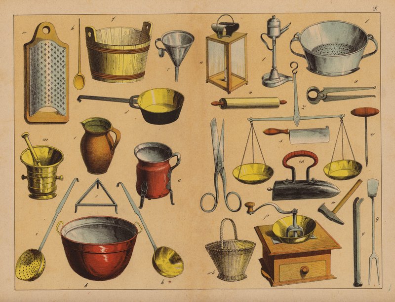 Utensílios e ferramentas de cozinha (litografia a cores) de (after) German School