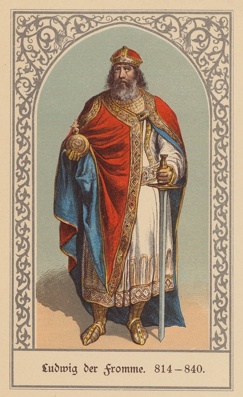 Luís, o Piedoso, Rei dos Francos e Sacro Imperador Romano-Germânico (litografia a cores) de (after) German School