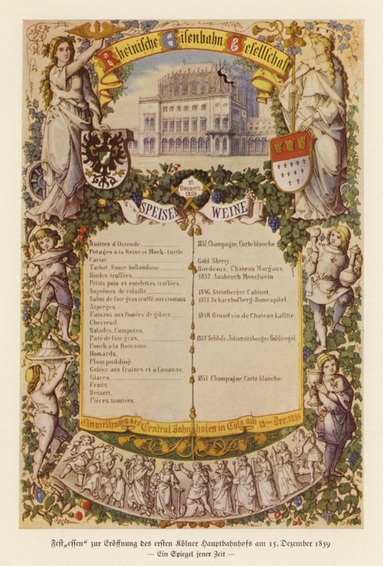 Menu para um banquete de celebração da abertura da primeira estação ferroviária de Colónia de (after) German School