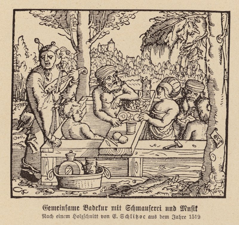 Banho termal misto com festa e música (xilogravura) de (after) German School