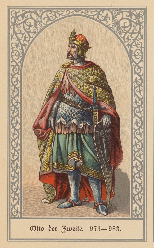 Otão II, Rei da Alemanha e de Itália e Sacro Imperador Romano-Germânico (litografia a cores) de (after) German School