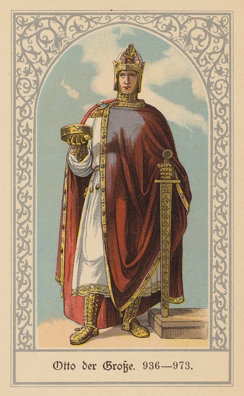 Otão, o Grande, rei da Alemanha e de Itália e Sacro Imperador Romano-Germânico (litografia a cores) de (after) German School