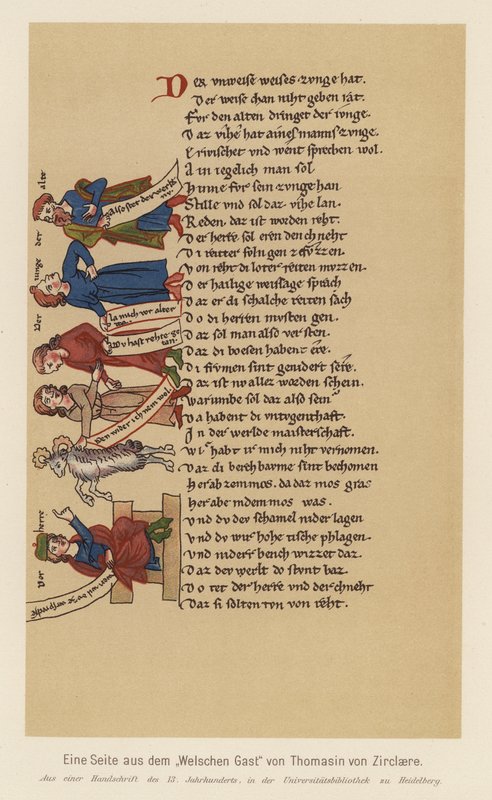 Página de Der Waelsche Gast, de Thomasin von Zirclaere (litografia a cores) de (after) German School