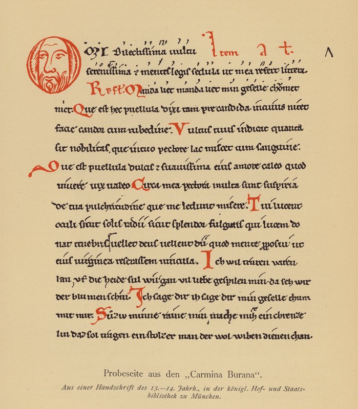 Página da Carmina Burana (litografia a cores) de (after) German School