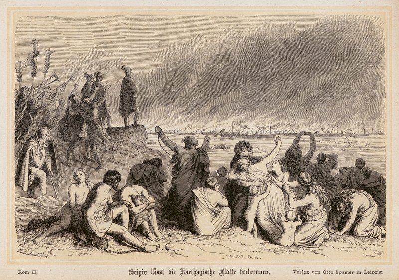 Cipião Africano incendiando a frota cartaginesa (gravura) de (after) German School