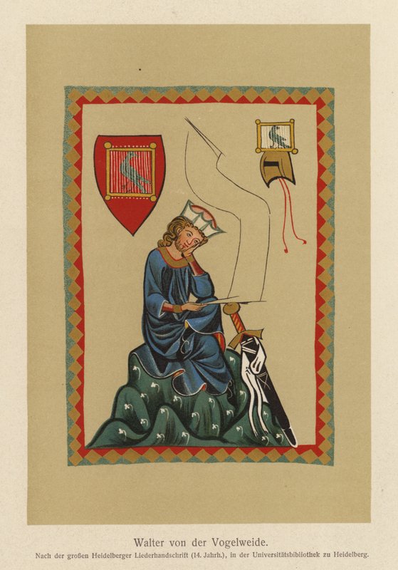 Walther von der Vogelweide, poeta lírico do alto alemão médio (litografia a cores) de (after) German School