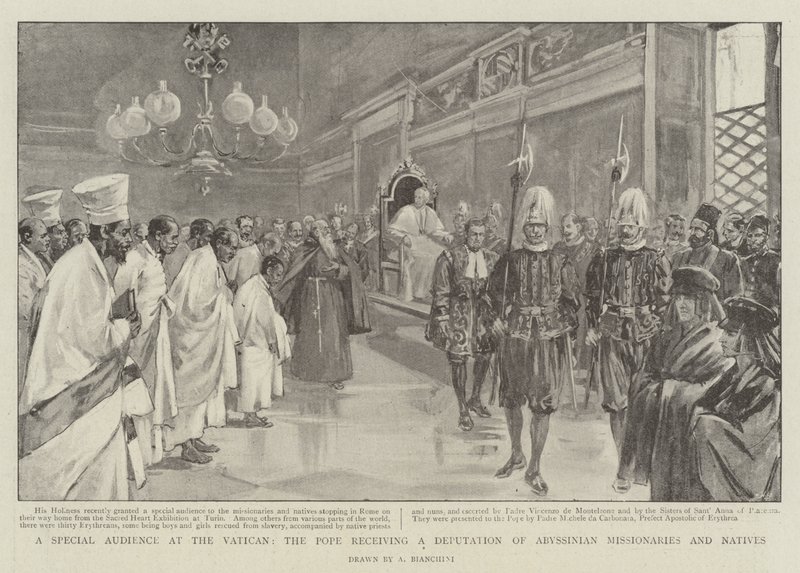 Audiência Especial no Vaticano, o Papa recebe uma Deputação de Missionários Abissínos e Nativos (litho) de (after) Italian School