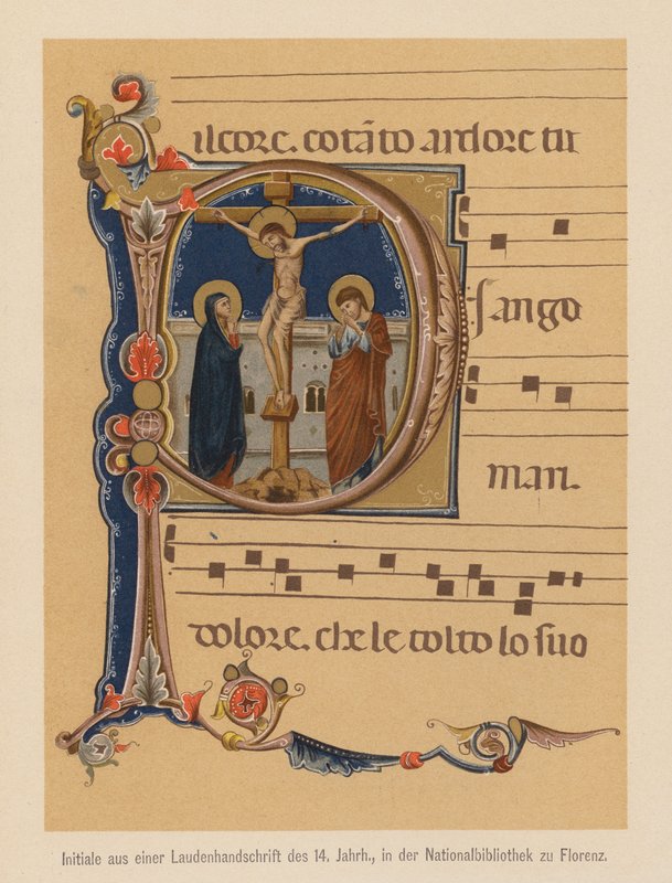 Crucificação de Jesus Cristo, inicial de um manuscrito iluminado medieval (litografia a cores) de (after) Italian School