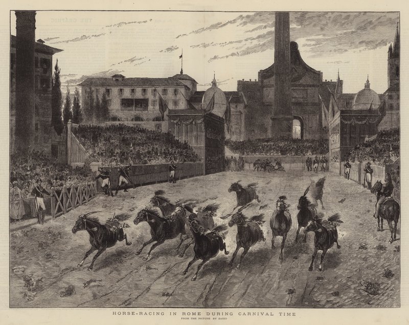Corrida de cavalos em Roma durante o Carnaval (gravura) de (after) Italian School