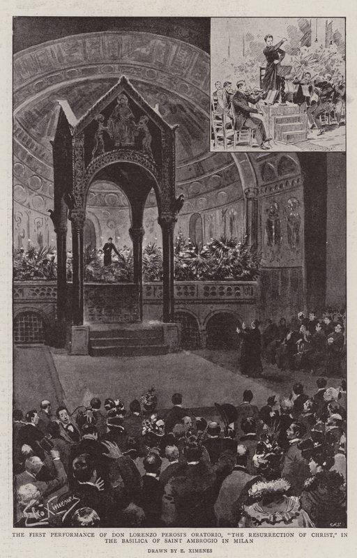Primeira representação do Oratório de Dom Lorenzo Perosi, "A Ressurreição de Cristo", na Basílica de Santo Ambrógio, em Milão (Litho) de (after) Italian School
