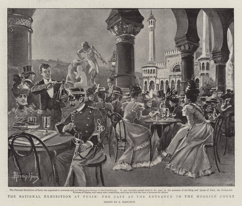 A Exposição Nacional em Turim, o Café na Entrada da Corte Moura (litho) de (after) Italian School