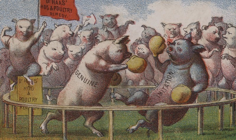 Publicidade de cartão de comércio americano Dr Haas porco e remédio de aves de capoeira de American School