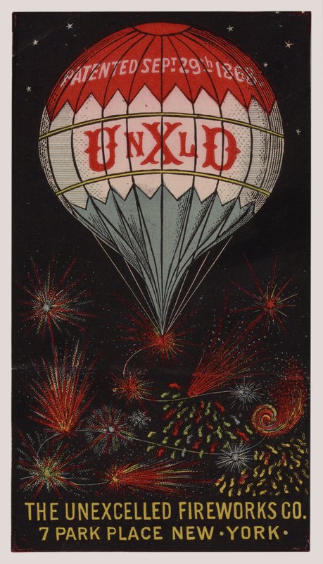 Cartão comercial americano anunciando a Unexcelled Firework Company, em Nova York de American School