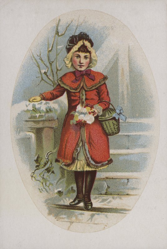 Menina elegante, de casaco vermelho, segurando cesta de American School