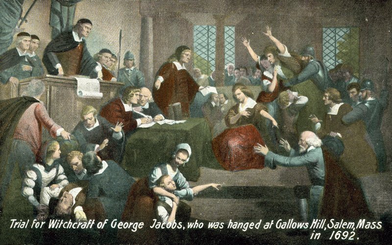 Julgamento por feitiçaria de George Jacobs, enforcado em Gallows Hill, Salem, Massachusetts, EUA, em 1692 de American School