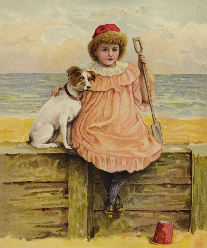 Uma menina sentada com seu cachorro na praia de English School