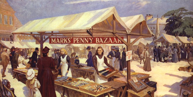 Um artista de impressão de marcas Penny Bazaar originado em 1884 por Michael Marks, pai de Sir Simon Marks de English School