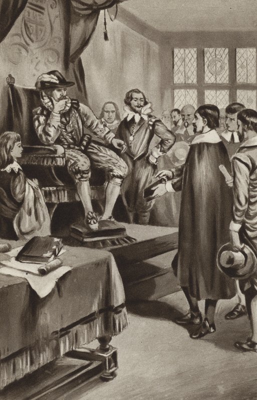 O rei Jaime VI ameaça os puritanos de fazê-los obedecer à Igreja ou expulsá-los da terra de English School