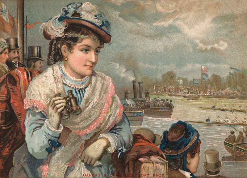 Senhora que presta atenção à raça de barco de Oxford e de Cambridge, c 1890. de English School