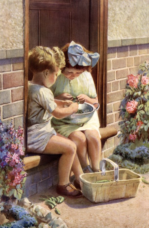 Menino e menina descascar ervilhas de English School