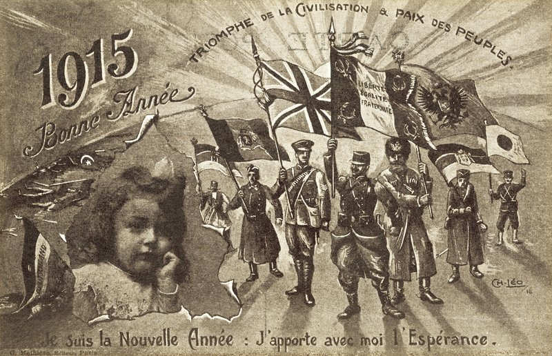 Cartão de Ano Novo para 1915, desejando o triunfo da civilização e a paz entre os povos de English School
