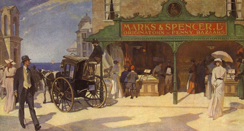 Uma das primeiras lojas com fachada aberta no início dos anos 1900, uma nova ideia para fazer compras com facilidade de English School