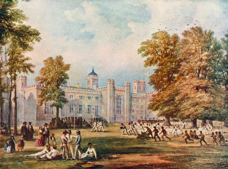 Jogando o jogo de rugby na Rugby School, Warwickshire, 1852 de English School