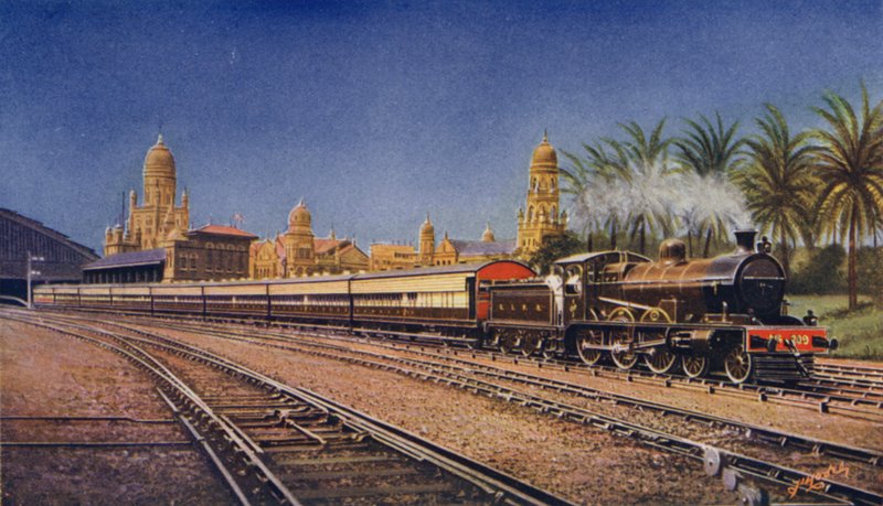 O Bombay-Poona Express, saindo de Victoria Terminus, Bombaim, Great Indian Peninsula Railway de English School
