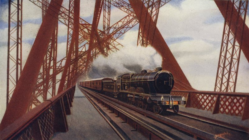 O escocês voador cruzando a ponte do Forth, North British Railway de English School