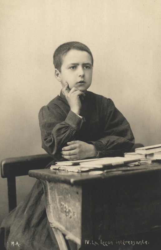 Criança, escutar, para, um, lição de French Photographer