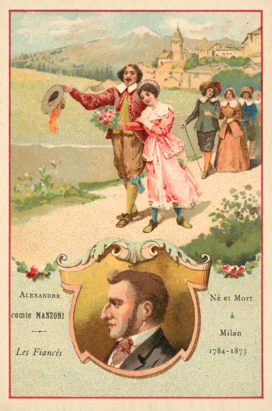 Alessandro Manzoni, autor italiano, e uma cena de seu romance The Betrothed de French School