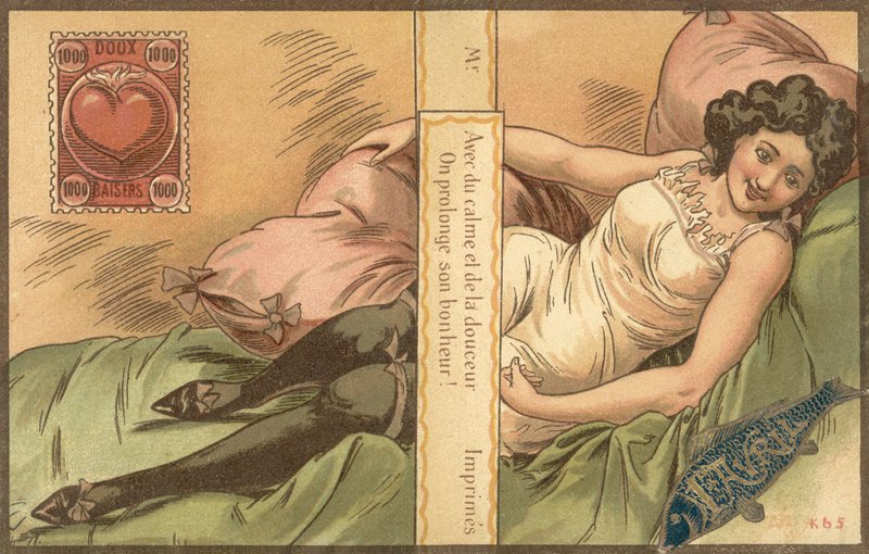 April Fools Card com uma mulher reclinada de French School