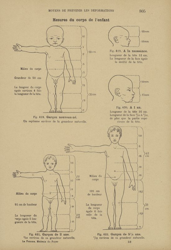 Medições das proporções ideais de um corpo normal da criança em várias idades de German School