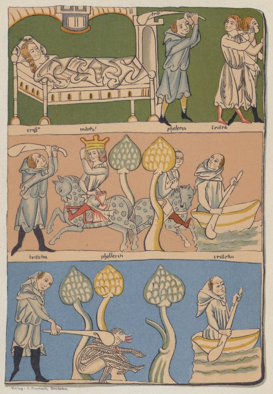 Miniaturas de Gottfried do manuscrito de Estrasburgo e Isolda em Munique, no século XIII de Estrasburgo de German School