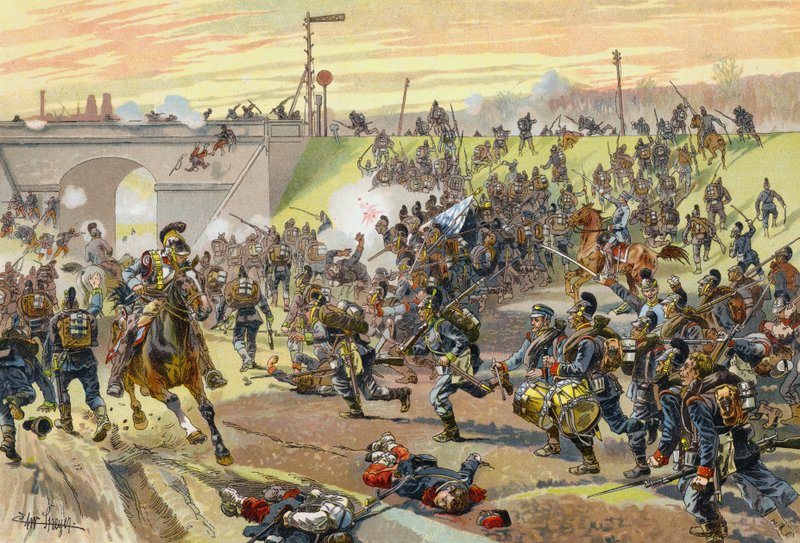 O 1º Corpo Bávaro invadindo um aterro ferroviário fora de Orleans, Guerra Franco-Prussiana, 11 de outubro de 1870 de German School