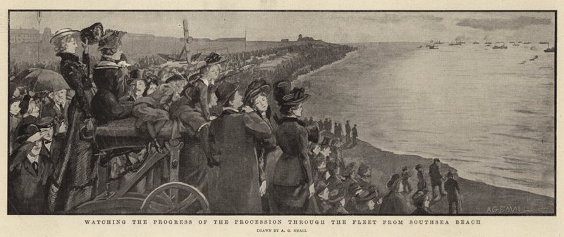 Assistindo ao progresso da procissão através da frota da Southsea Beach de A. G. Small