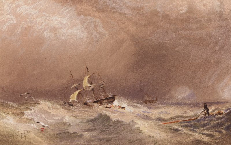 Um navio em perigo (litografia a cores) de A.V. Copley (after) Fielding